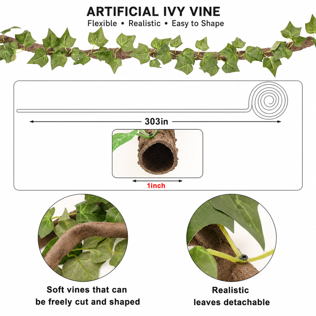 Artificial ivy vine dimensions showing 303 inch length and 1 inch inner diameter