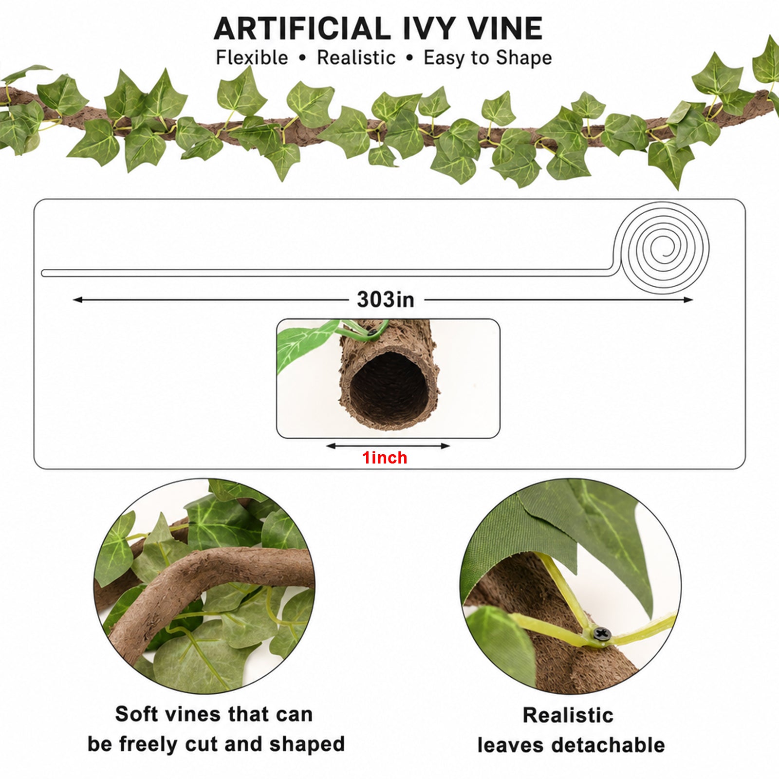 Artificial ivy vine dimensions showing 303 inch length and 1 inch inner diameter
