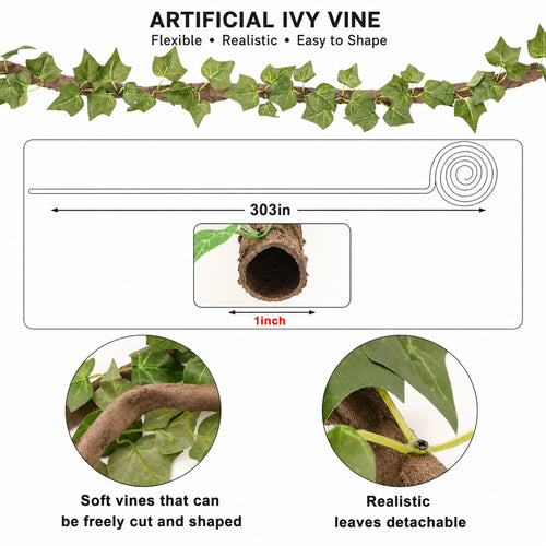Artificial ivy vine dimensions showing 303 inch length and 1 inch inner diameter