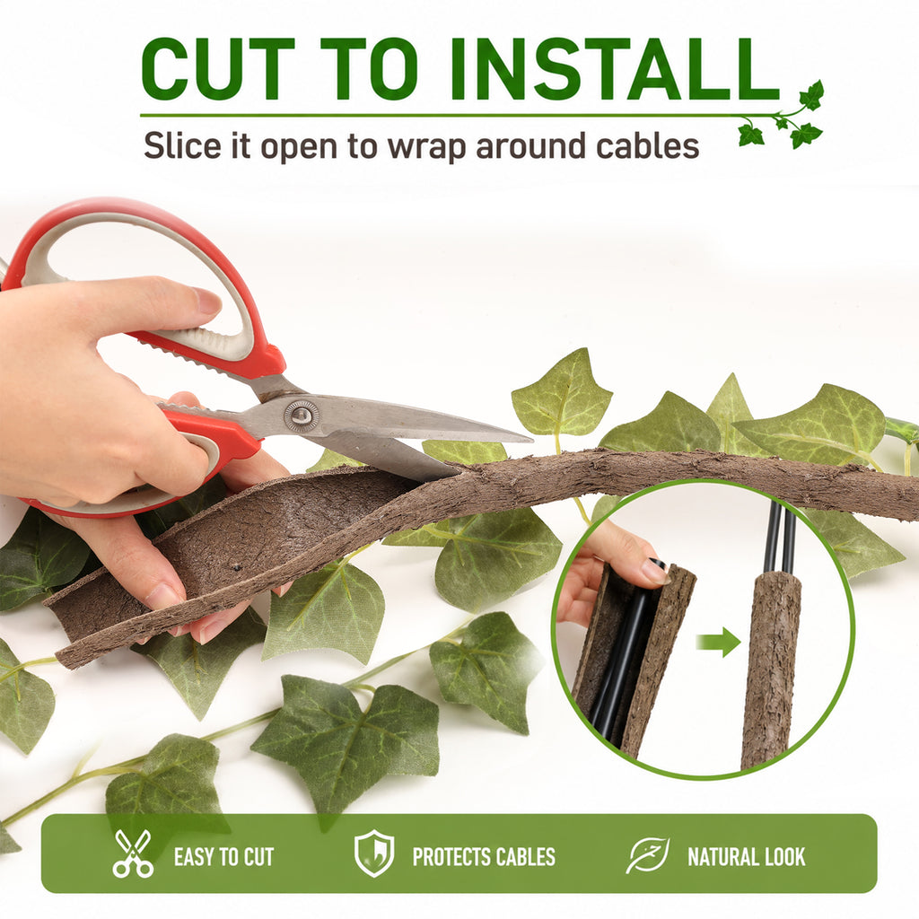 Cut-to-fit artificial vine being opened to wrap around cables