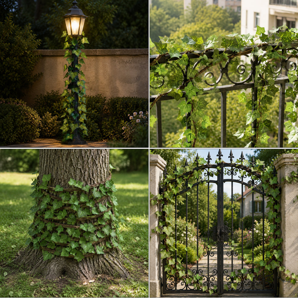 Artificial ivy vine styled on a lamp post, railing, tree trunk, and garden gate