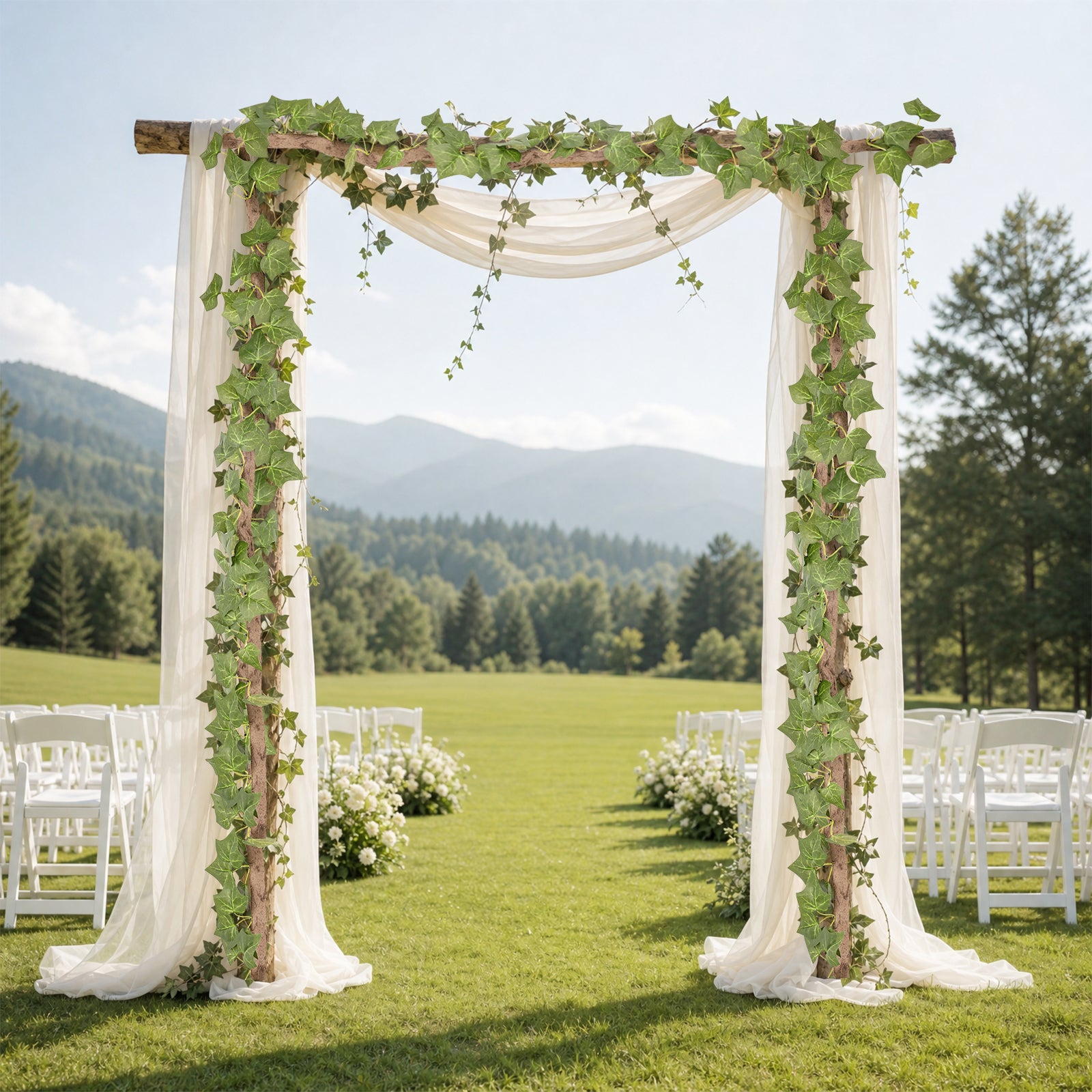 Artificial ivy vine decorating an outdoor wedding arch