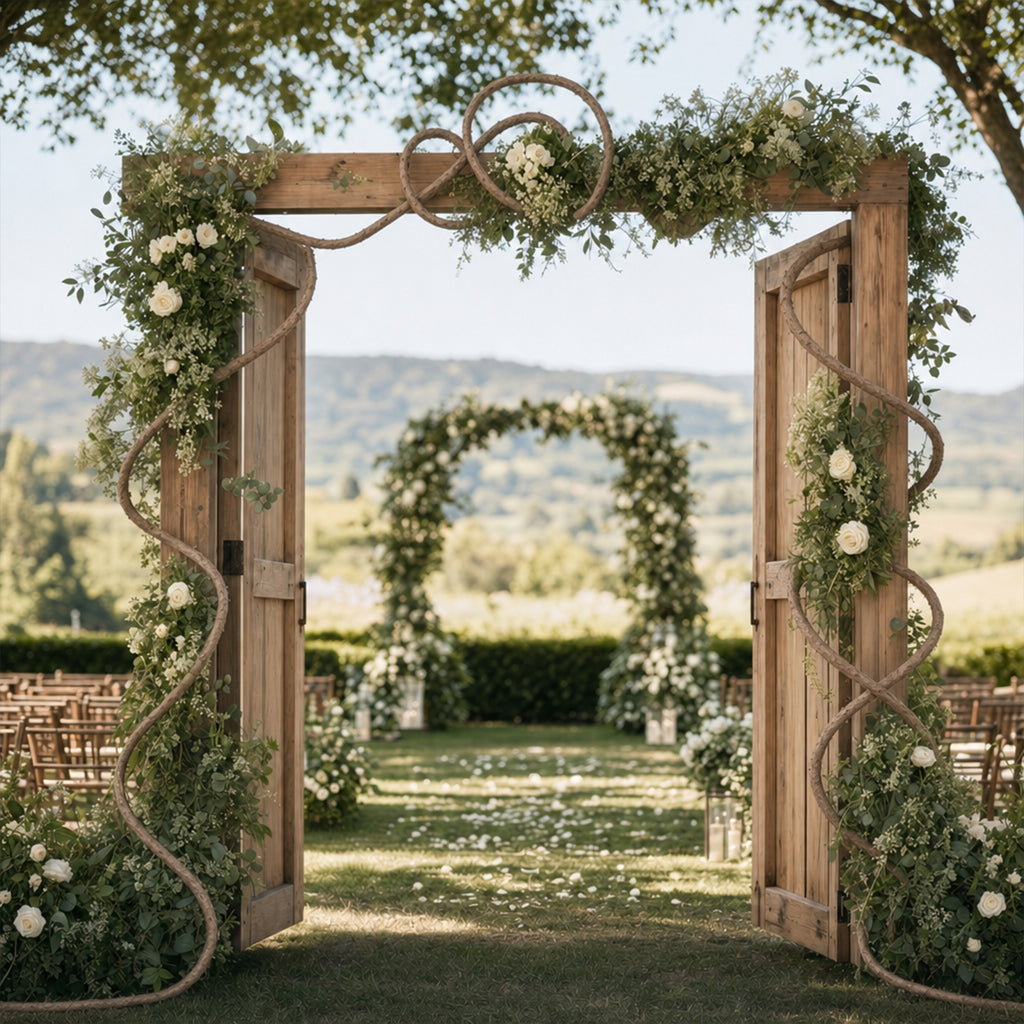 Flexible bark-look vine arranged around a rustic event entrance