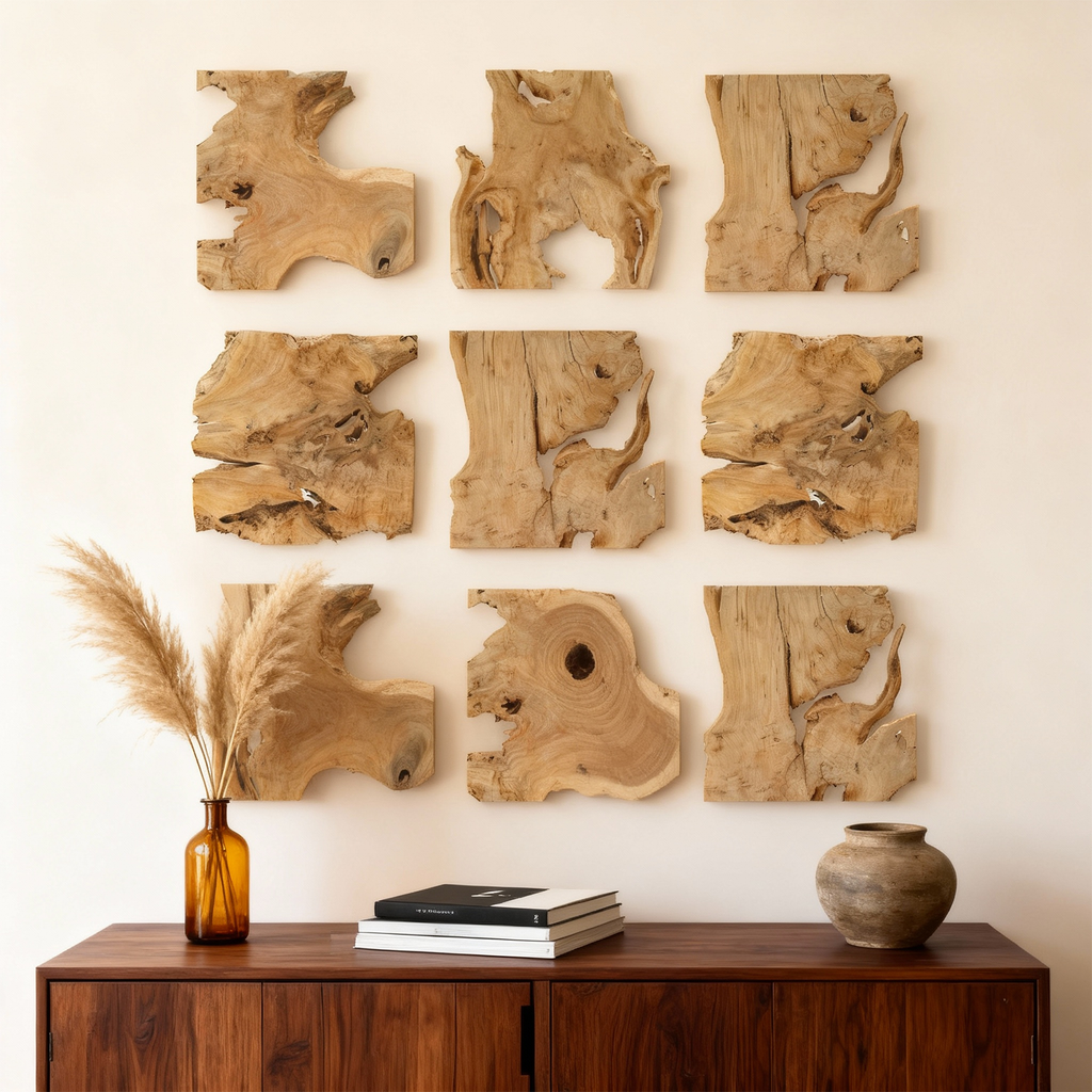 NAHARO Handcrafted Natural Wood Wall Art – Frameless Set of 9, 12 × 12 in