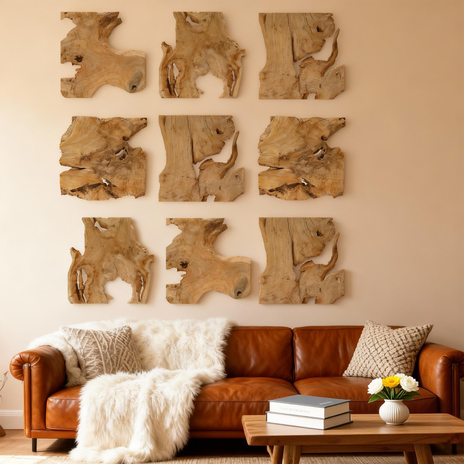 NAHARO Handcrafted Natural Wood Wall Art – Frameless Set of 9, 12 × 12 in