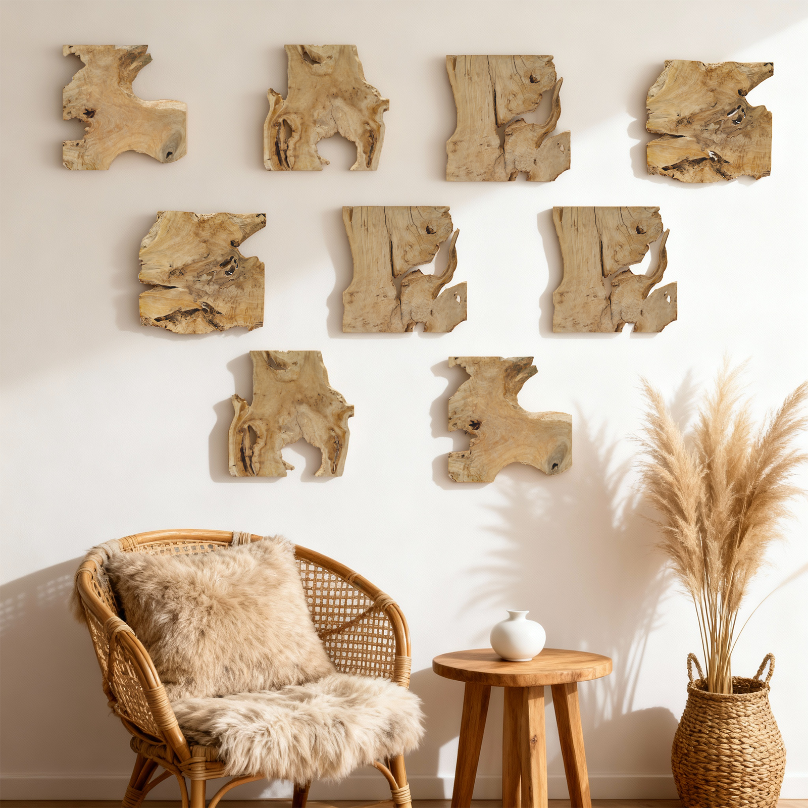 NAHARO Handcrafted Natural Wood Wall Art – Frameless Set of 9, 12 × 12 in