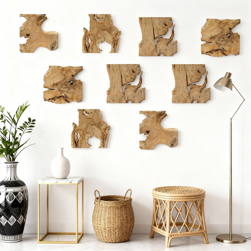 NAHARO Handcrafted Natural Wood Wall Art – Frameless Set of 9, 12 × 12 in