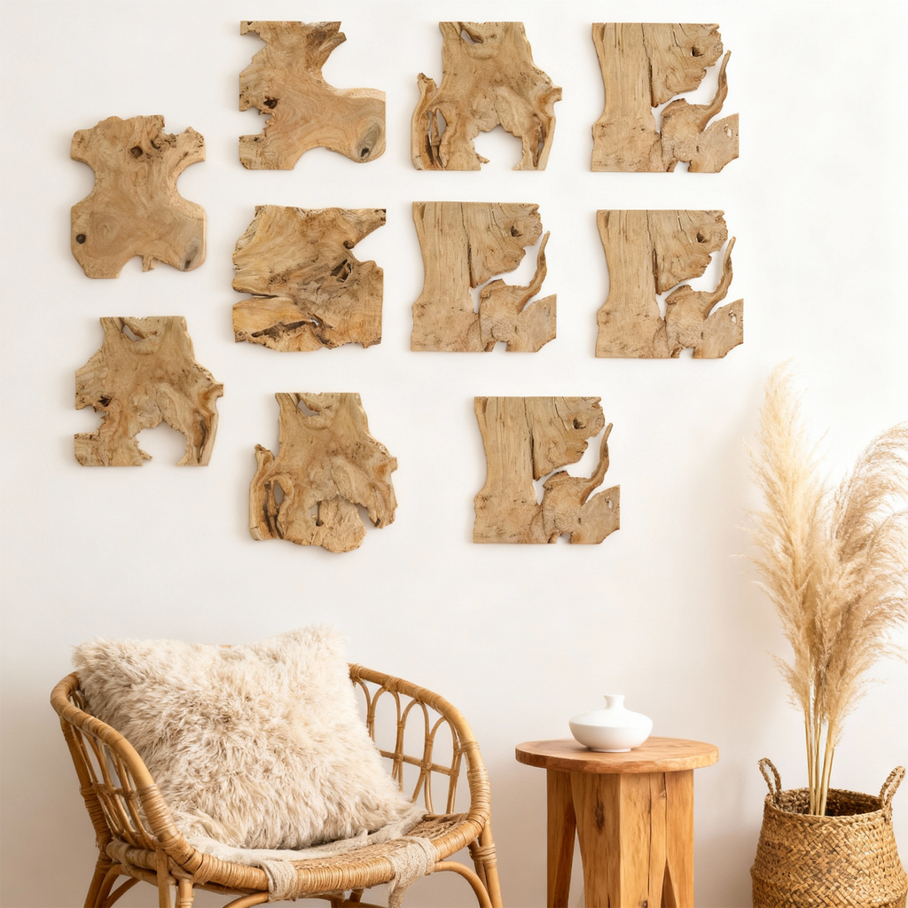 NAHARO Handcrafted Natural Wood Wall Art – Frameless Set of 9, 12 × 12 in