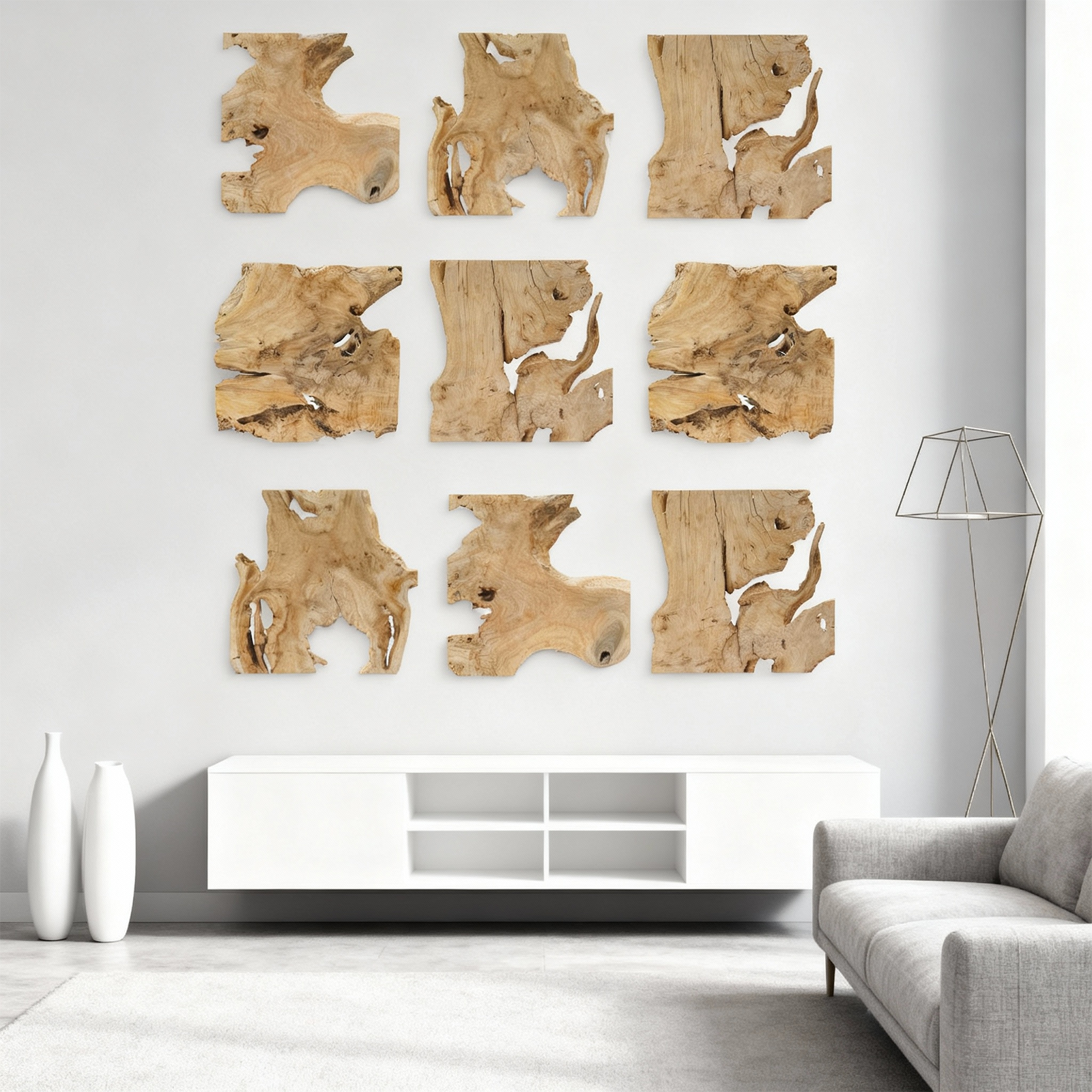 NAHARO Handcrafted Natural Wood Wall Art – Frameless Set of 9, 12 × 12 in