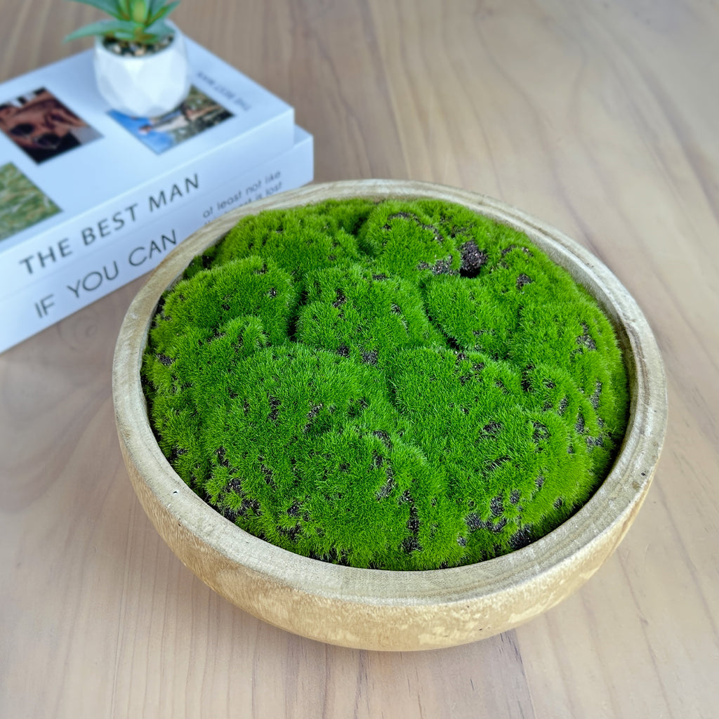 NAHARO Round Artificial Moss Bowl – Natural Wood, 10.5 in