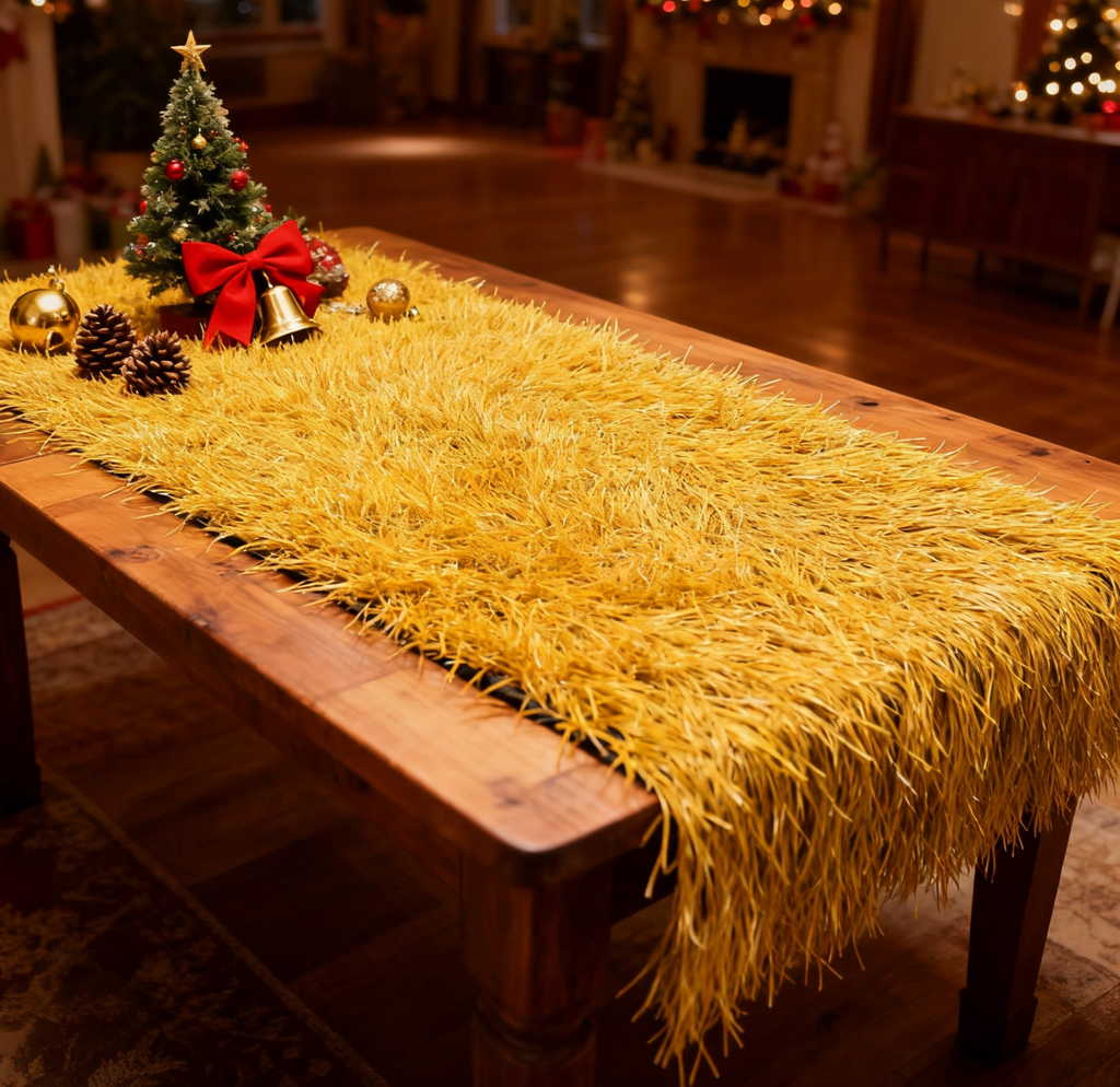 Artificial thatch grass roll styled for a seasonal table display
