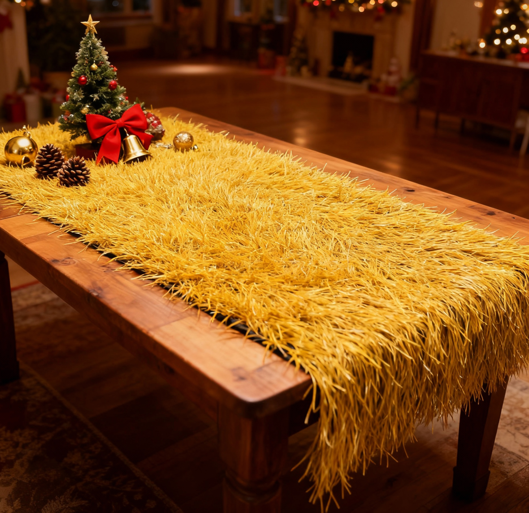 Artificial thatch grass roll styled for a seasonal table display