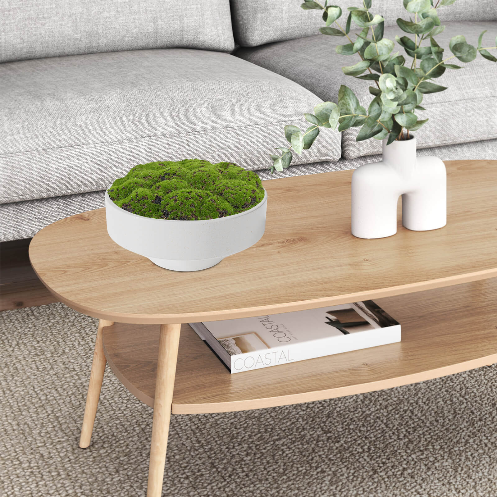 NAHARO Artificial Moss Bowl Centerpiece – White Ceramic, 11 in
