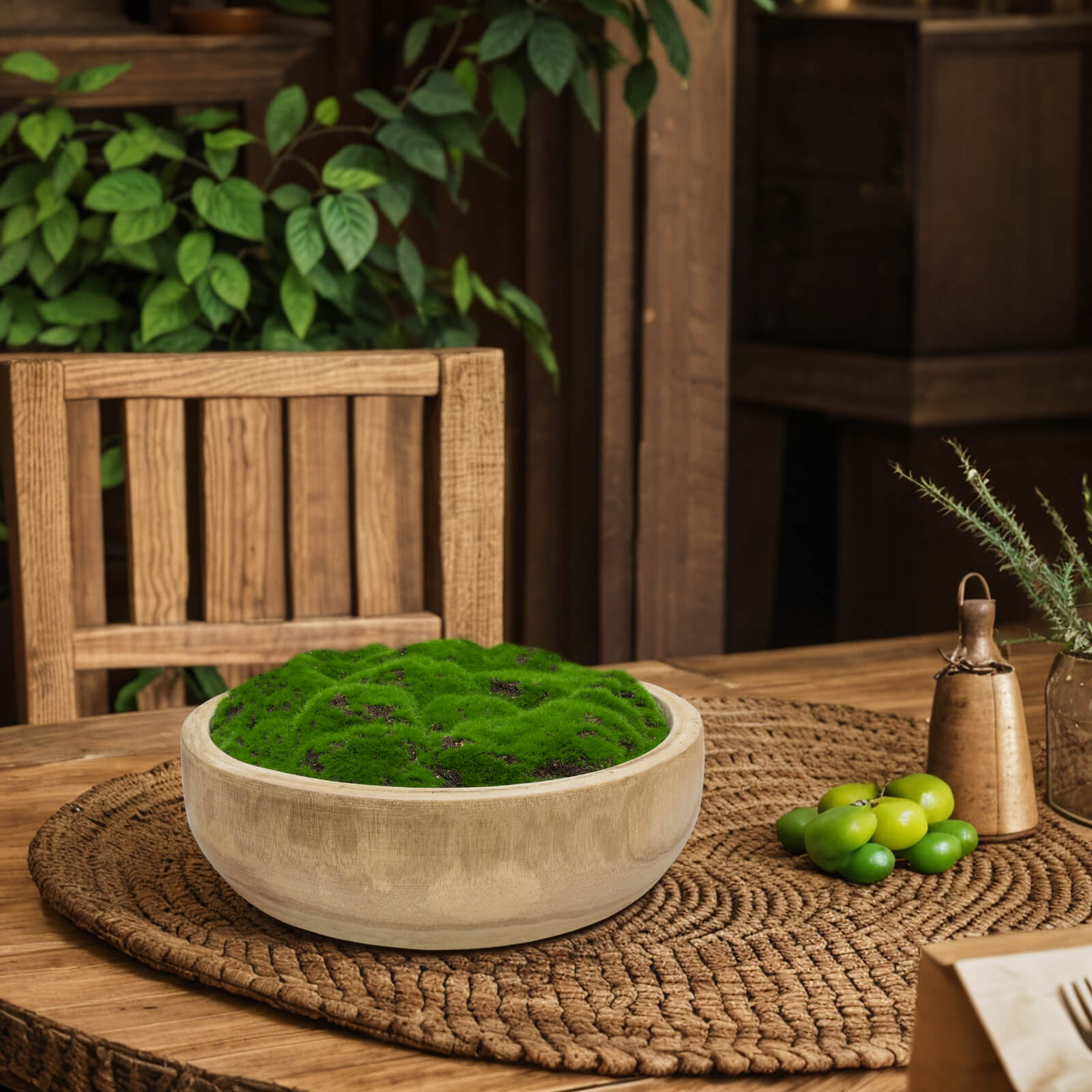 NAHARO Round Artificial Moss Bowl – Natural Wood, 10.5 in