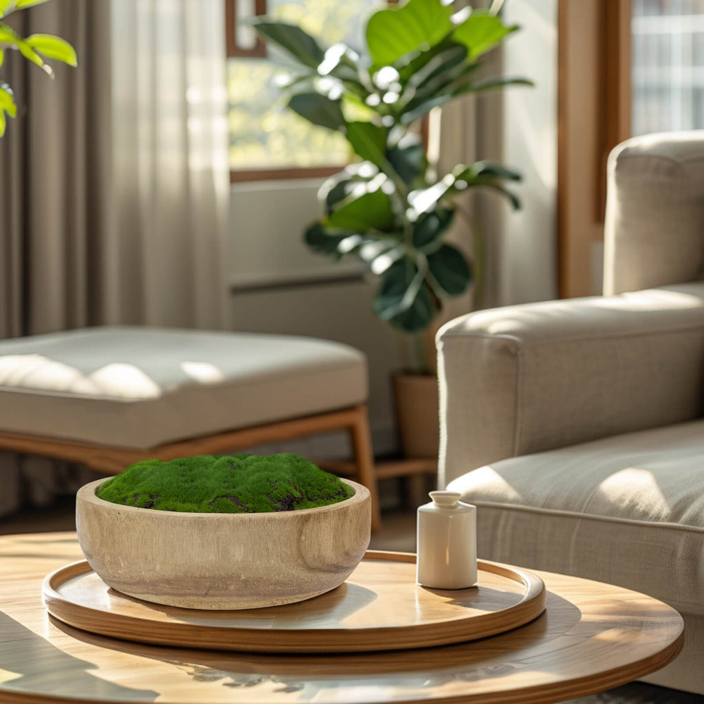 NAHARO Round Artificial Moss Bowl – Natural Wood, 10.5 in