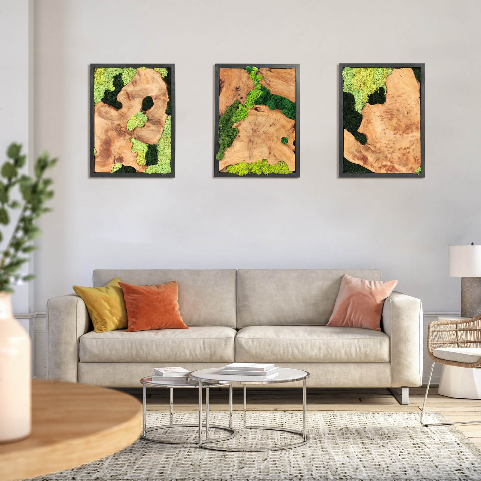NAHARO Preserved Moss & Natural Wood Wall Art – Set of 3, 16 × 12 in